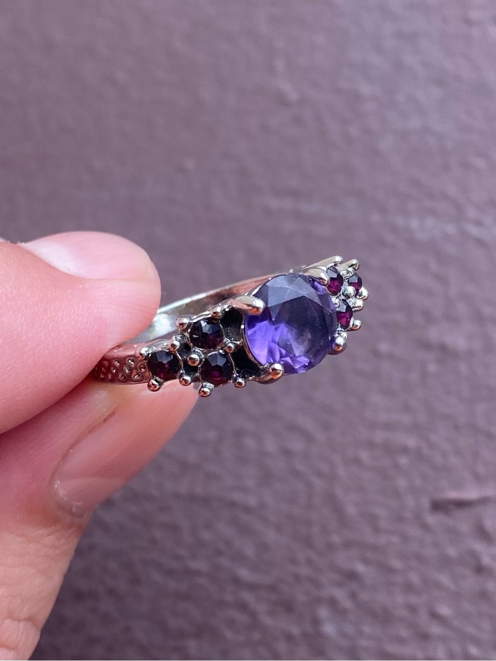 Purple Amethyst Cubic Zirconium Stone Stainless Steel Ring Size 7.5
